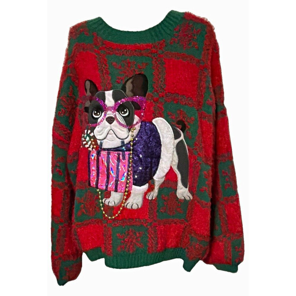 French Bulldog Ugly Christmas Sweater Red Green Plaid Sz 2X